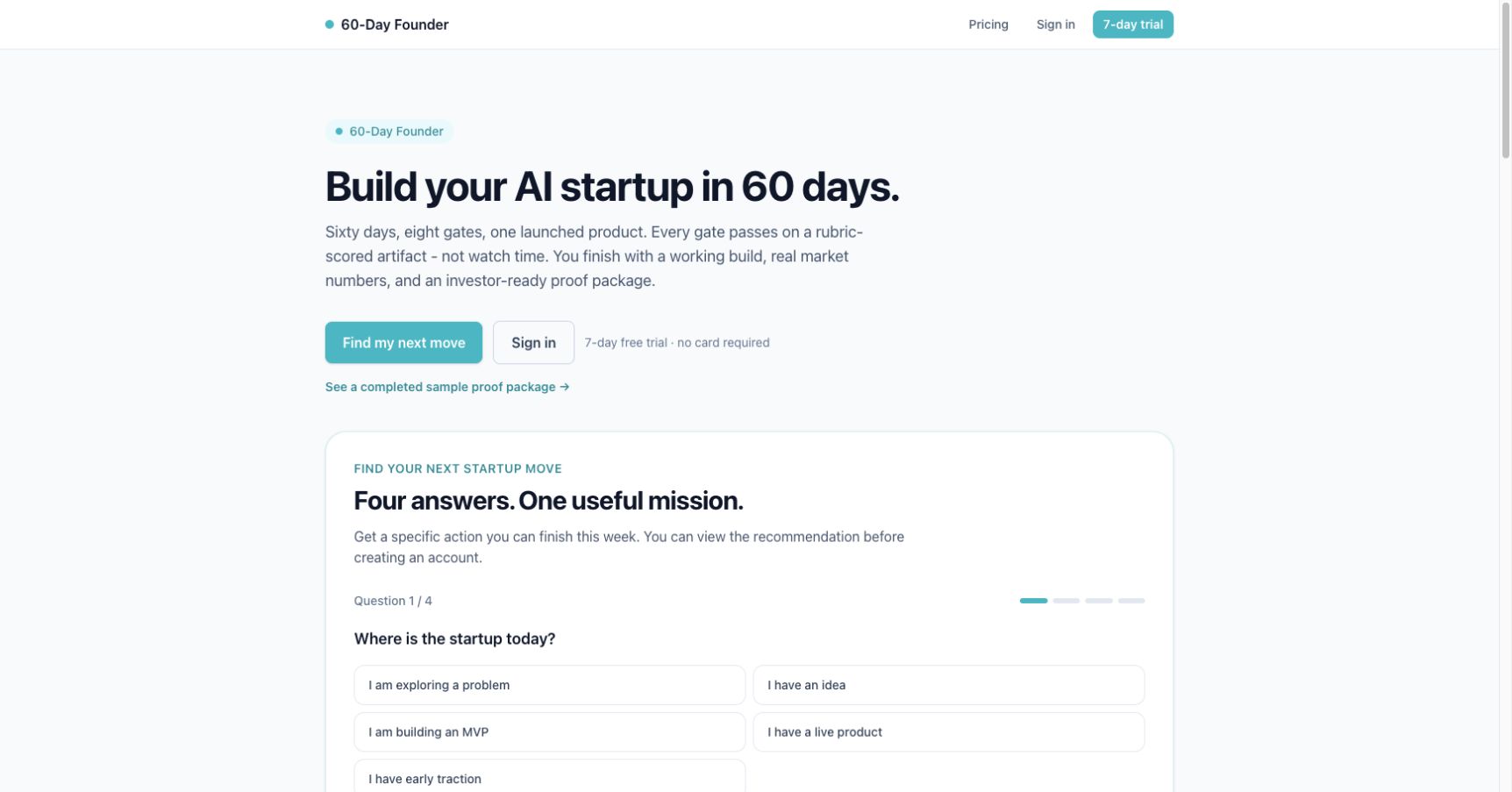 Current 60-Day Founder homepage with the four-question next-move diagnostic for different startup stages