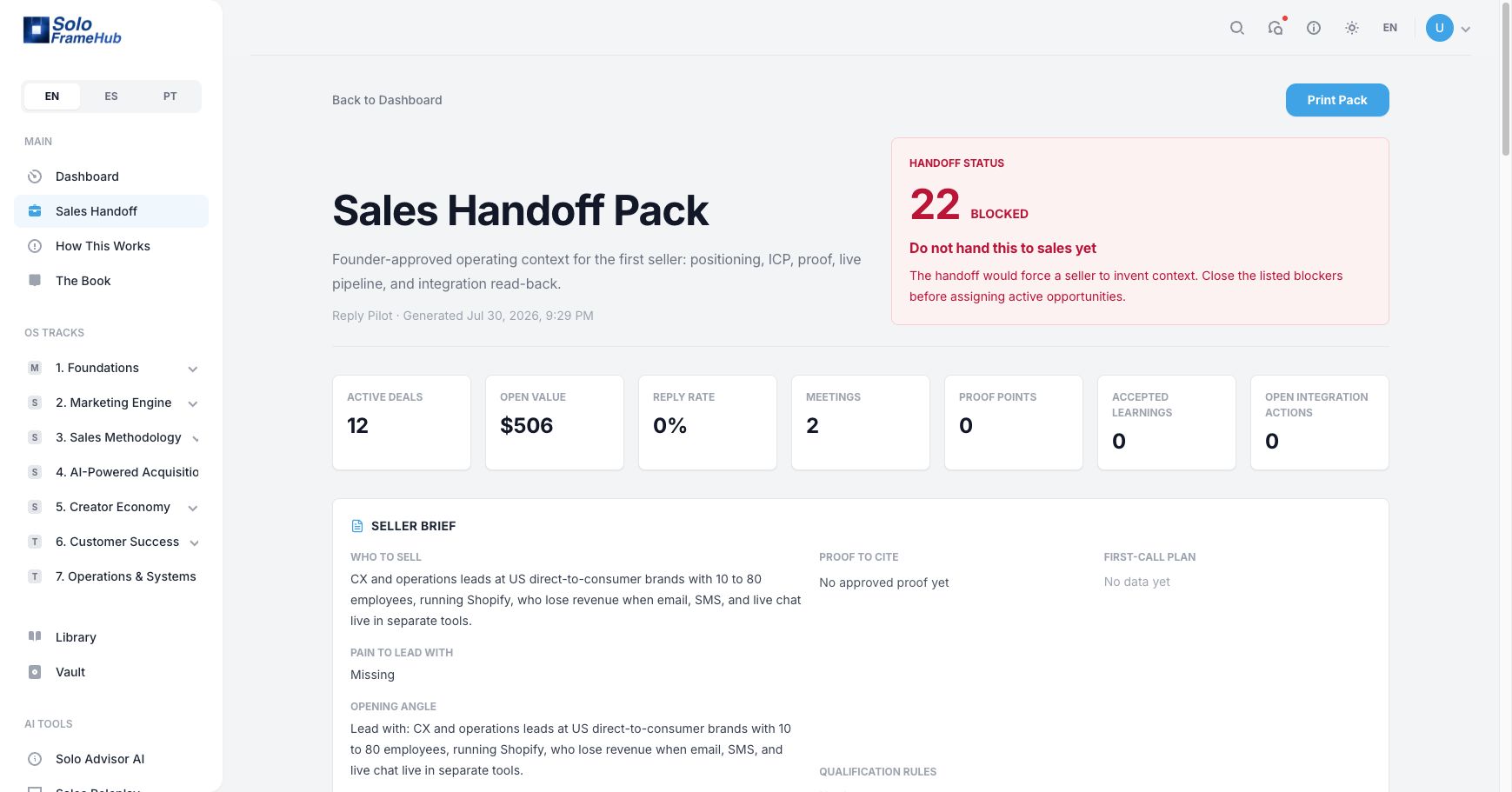 Current GTM OS sales handoff pack showing readiness, pipeline value, proof, and a seller brief