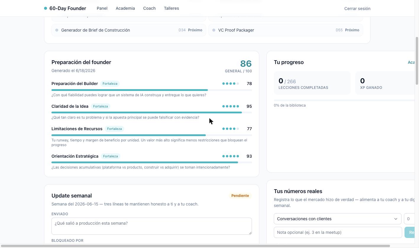 Preparación del founder: scorecard que rastrea cuatro dimensiones de 100: preparación como constructor 78, claridad de idea 95, restricciones de recursos 77 y orientación estratégica 93, para una Preparación del founder global de 86, junto con un panel Tus números reales que registra 12 conversaciones con clientes esta semana