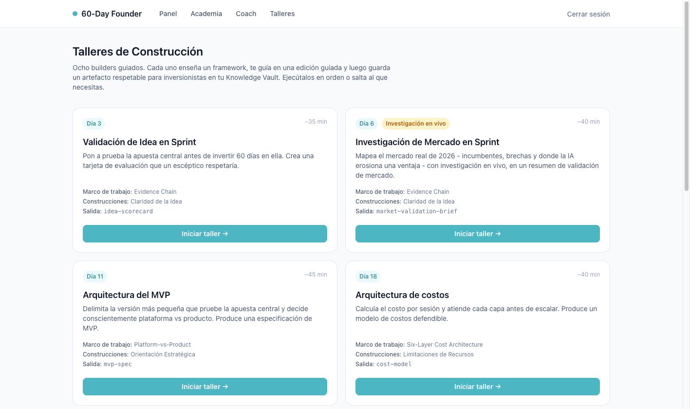 Talleres de Construcción · Ocho builders guiados, cada uno enseña un framework y guarda un artefacto respetable para inversores en el Knowledge Vault, incluyendo Idea Validation Sprint con la Evidence Chain, Market Research Sprint, MVP Architecture con Platform-vs-Product y Cost Architecture con la Six-Layer Cost Architecture