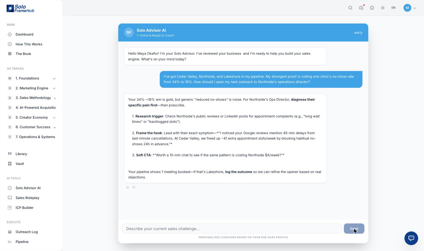 O coach de vendas com IA consciente do contexto Coach de IA Solo Advisor respondendo à pergunta de outreach de uma fundadora, fundamentado no seu funil ao vivo e no seu ponto de prova de redução de no-show de 34 por cento para 18 por cento
