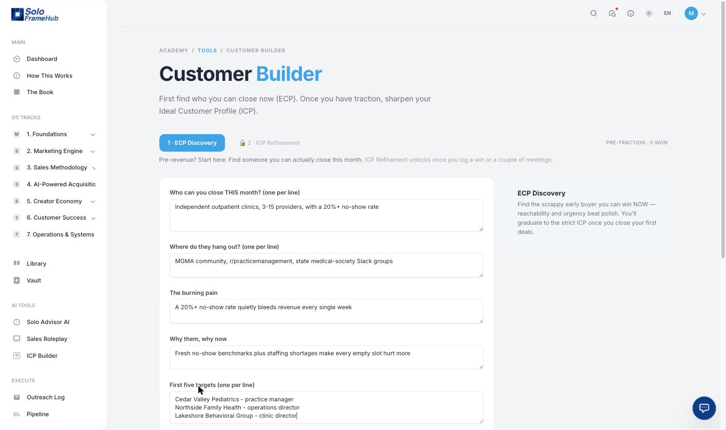 GTM OS ICP Builder filled in for an outpatient-clinic SaaS, with target customer, where they gather, the burning pain, why-now, and a first-five target list