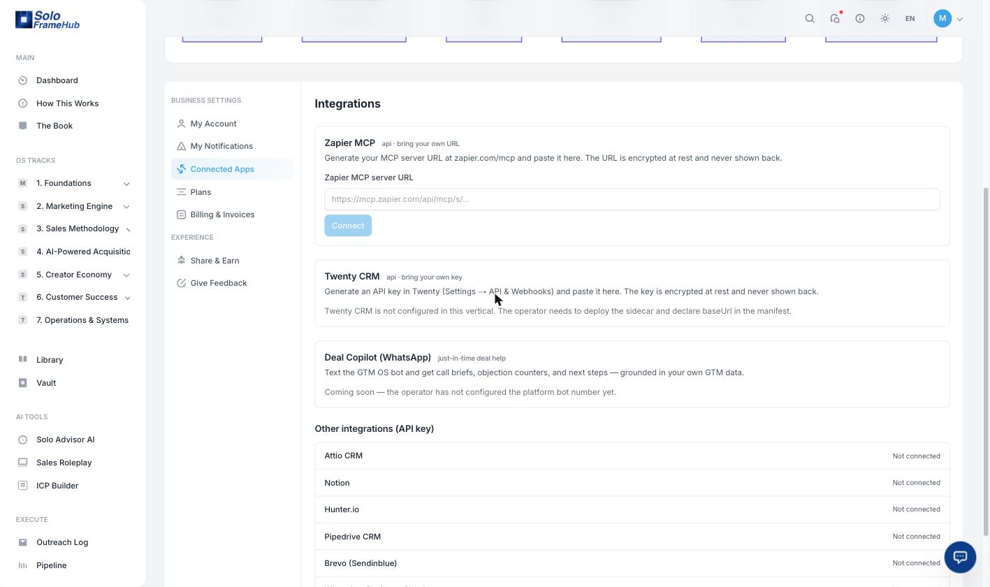 Apps Conectados: suas integrações em um só lugar Tela de Apps Conectados do GTM OS mostrando Zapier MCP, um sidecar Twenty CRM, um copiloto de deal no WhatsApp e integrações por chave de API para Attio, Notion, Hunter.io, Pipedrive e Brevo