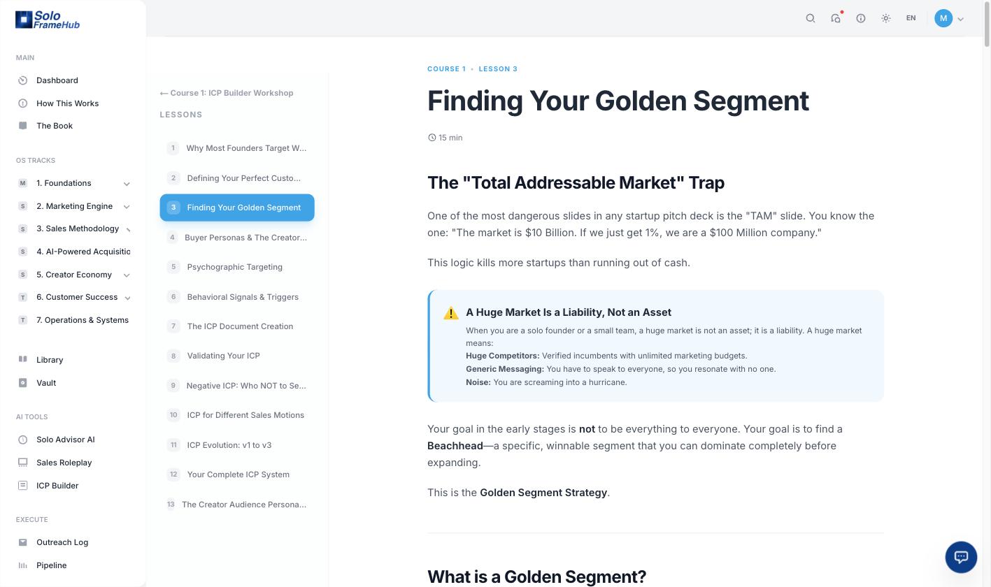 A GTM OS lesson, Finding Your Golden Segment, that the coach surfaces to unblock the founder's next step, with lesson navigation and structured content