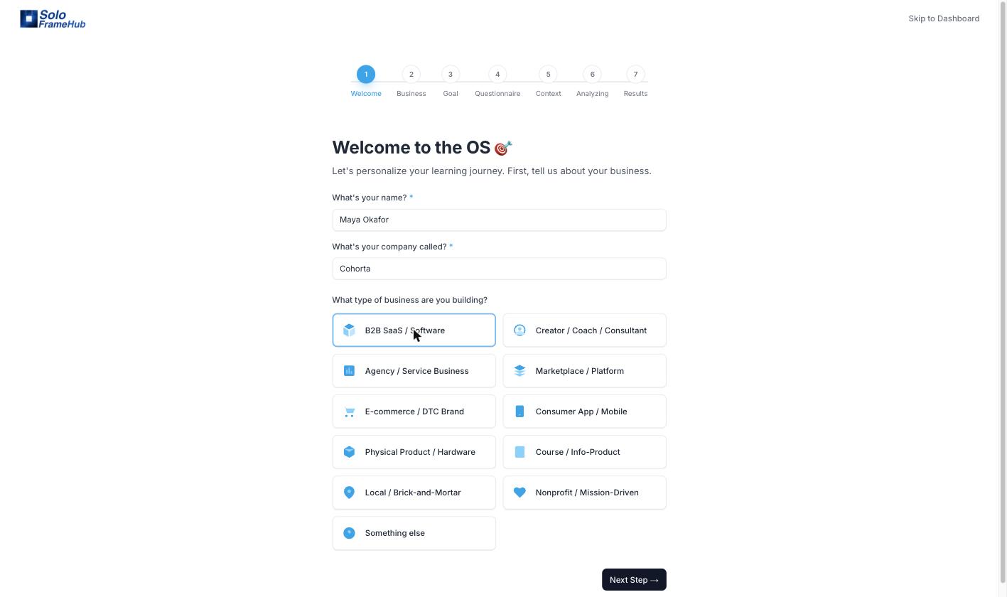 O onboarding do GTM OS personaliza seu OS em sete passos Assistente de onboarding do GTM OS, passo 1 de 7, capturando o nome do fundador, o nome da empresa e o tipo de negócio para personalizar o caminho de aprendizado
