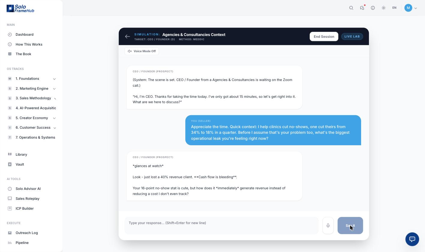 Fale com o comprador: uma simulação ao vivo e pontuada Um roleplay de vendas ao vivo do GTM OS em que o comprador de IA reage com força a um pitch sem propósito, exigindo que o fundador o conecte a receita imediata, com um botão de modo de voz