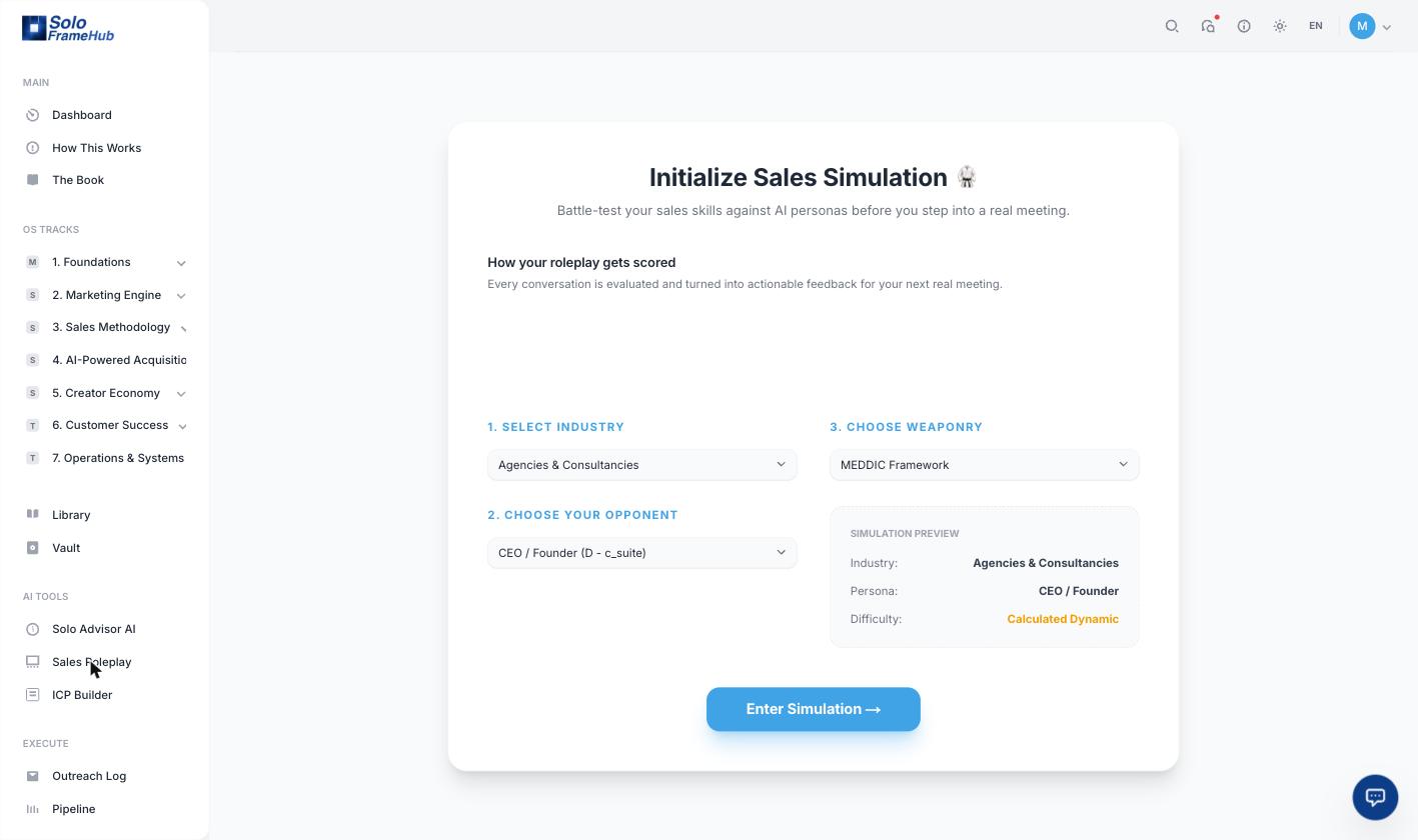 Monte a cena: escolha seu comprador e método Configuração de roleplay de vendas do GTM OS, escolhendo um setor, uma persona de comprador com tipo DISC (CEO/Fundador, tipo D) e o método MEDDIC antes de uma simulação ao vivo
