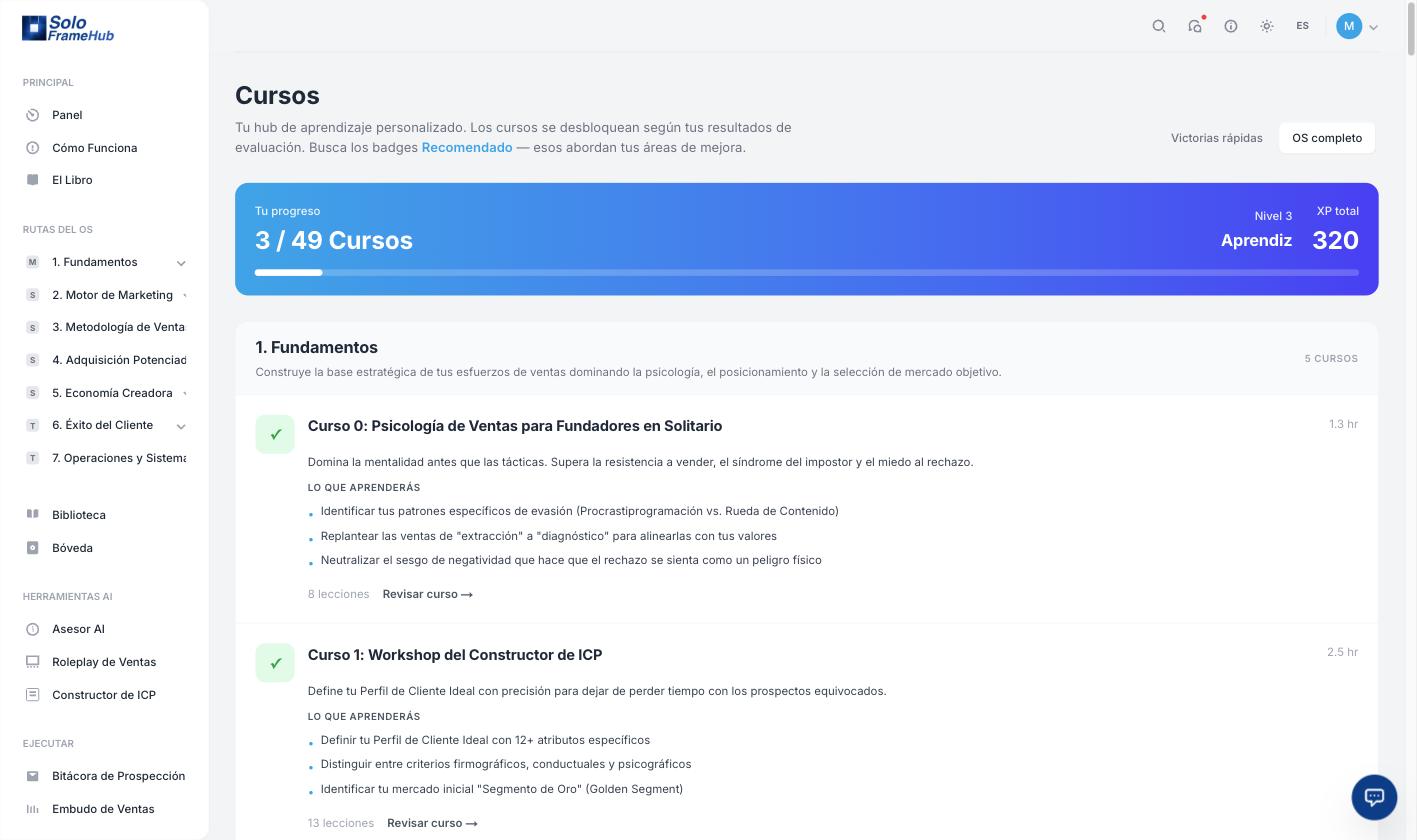 La academia de GTM OS, 50 cursos en 7 tracks Catálogo de cursos de la academia de GTM OS mostrando 3 de 50 cursos completos, Nivel 3, 320 XP y el track Fundamentos con resultados de aprendizaje por curso