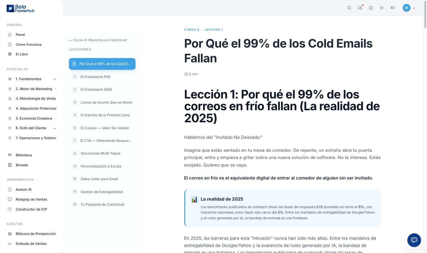 La lección a la que el coach te apunta Una lección de GTM OS, Encontrando tu Segmento Dorado, que el coach surfea para desbloquear el siguiente paso de la founder, con navegación de lección y contenido estructurado